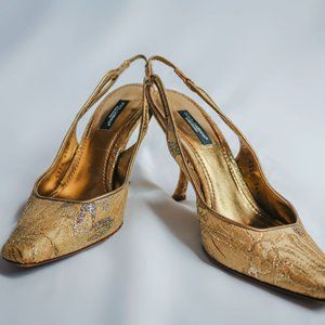 Dolce & Gabbana Gold Embroidered Slingback Heels